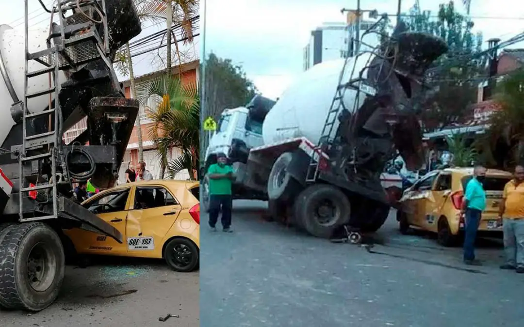 Tractocamión mezclador por poco aplasta taxi en Armenia