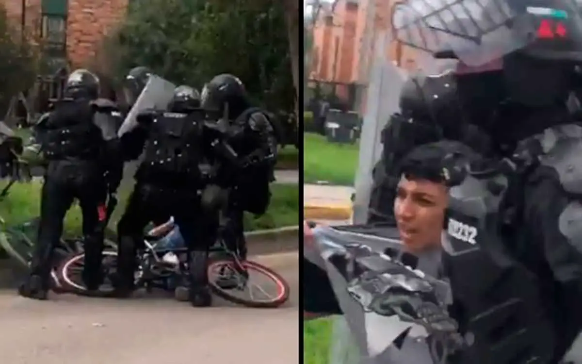 En video: agentes del Esmad golpean a un niño en su bicicleta y agreden a periodistas que los graban