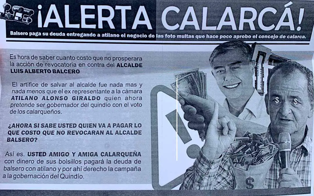Panfleto revocatoria alcalde de Calarcá fotomultas