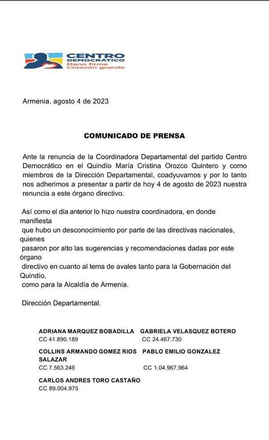 Renuncias Centro Democrático aval Yenny Trujillo y Mary Luz Ospina